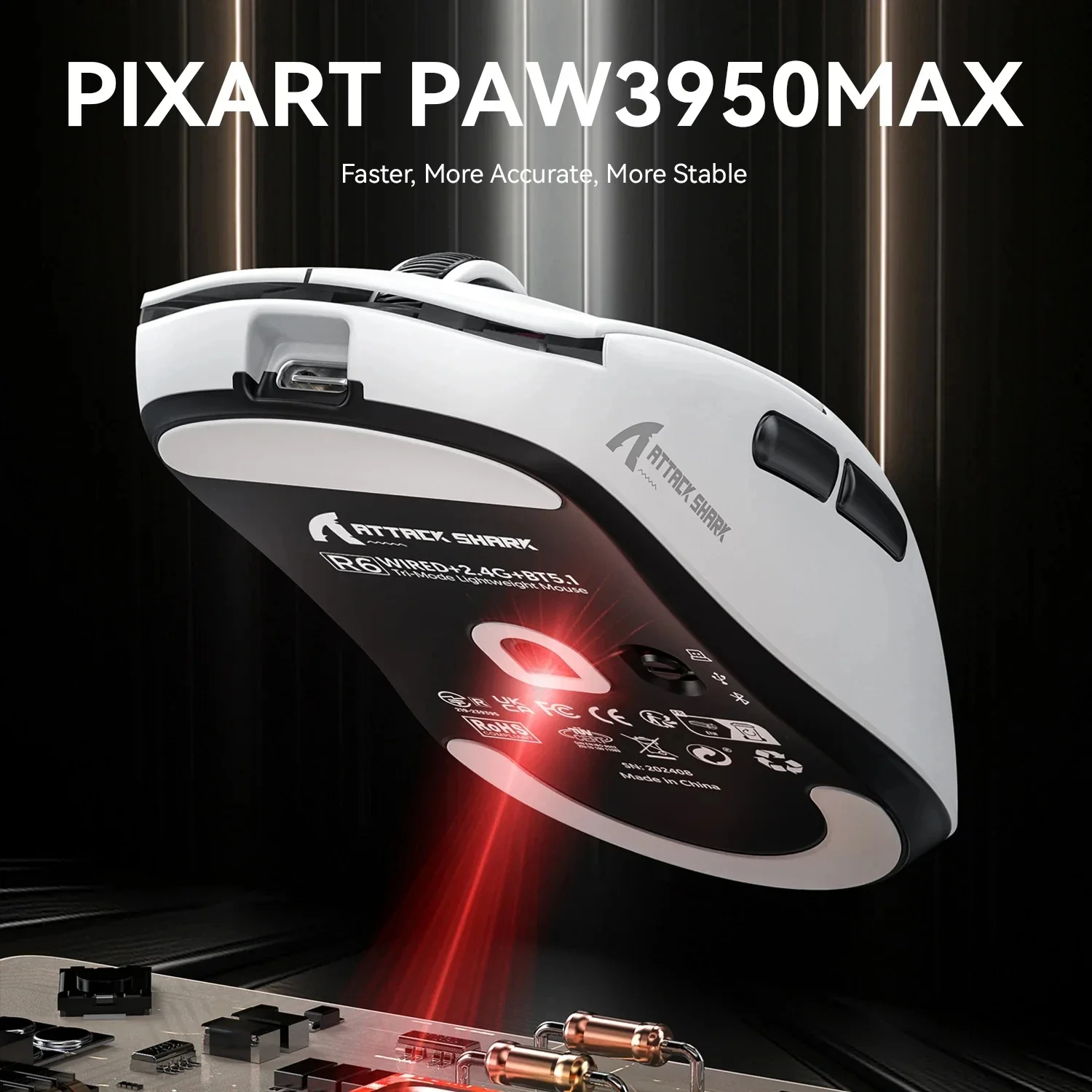 Attack Shark R6 Lightweight Wireless Mouse PAW 3950Max Sensor Computer Gaming Mouse with Nordic 52480 8KHz Polling