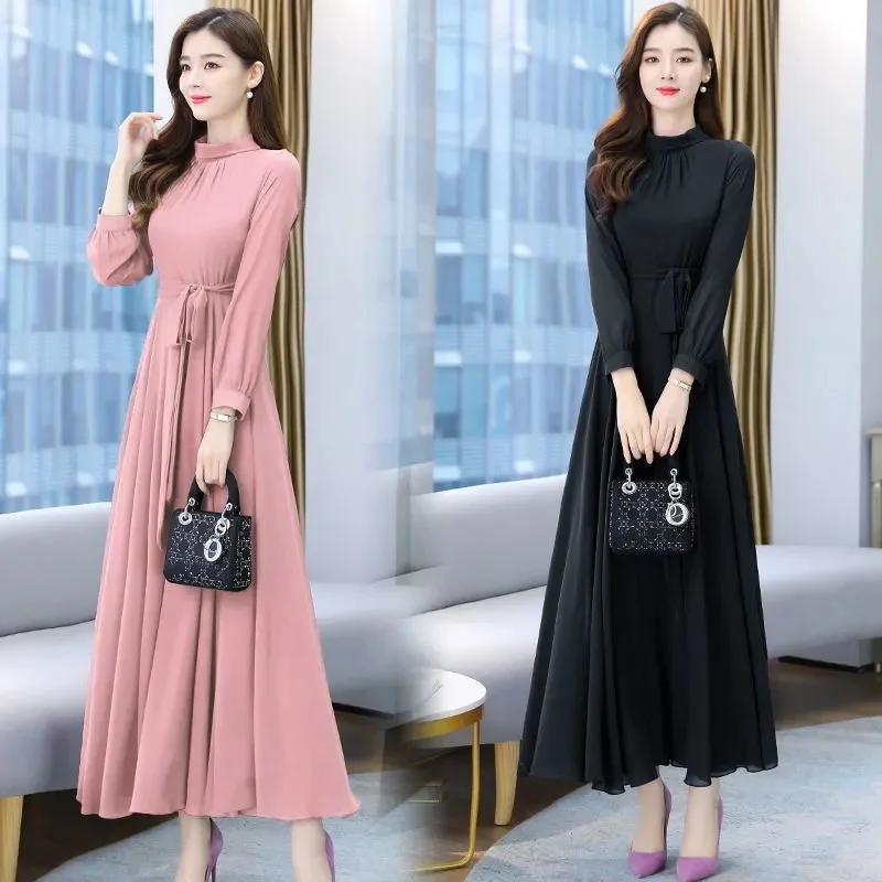 2025 Women\'s Dresses New Spring Summer Autumn Winter New Fashion Pure Color Lace Up Long Sleeve Elastic Waist Long Party Pleated