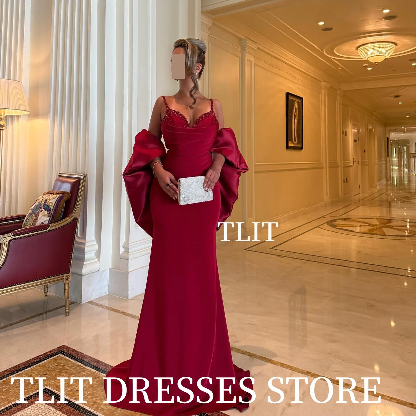 TLIT シンプルなレッドシルクサテンイブニングドレスカスタマイズされた فساتين سهرة スイートハートビーズスパゲッティストラッププロムドレス