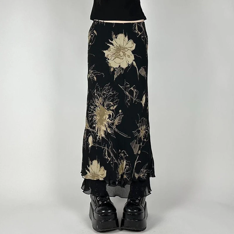 

Deeptown Gothic Vintage Skirt Women Florals Print Y2k Mesh Long Skirt Elegant Fashion A-line Layered Skirts Streetwear Aestheics
