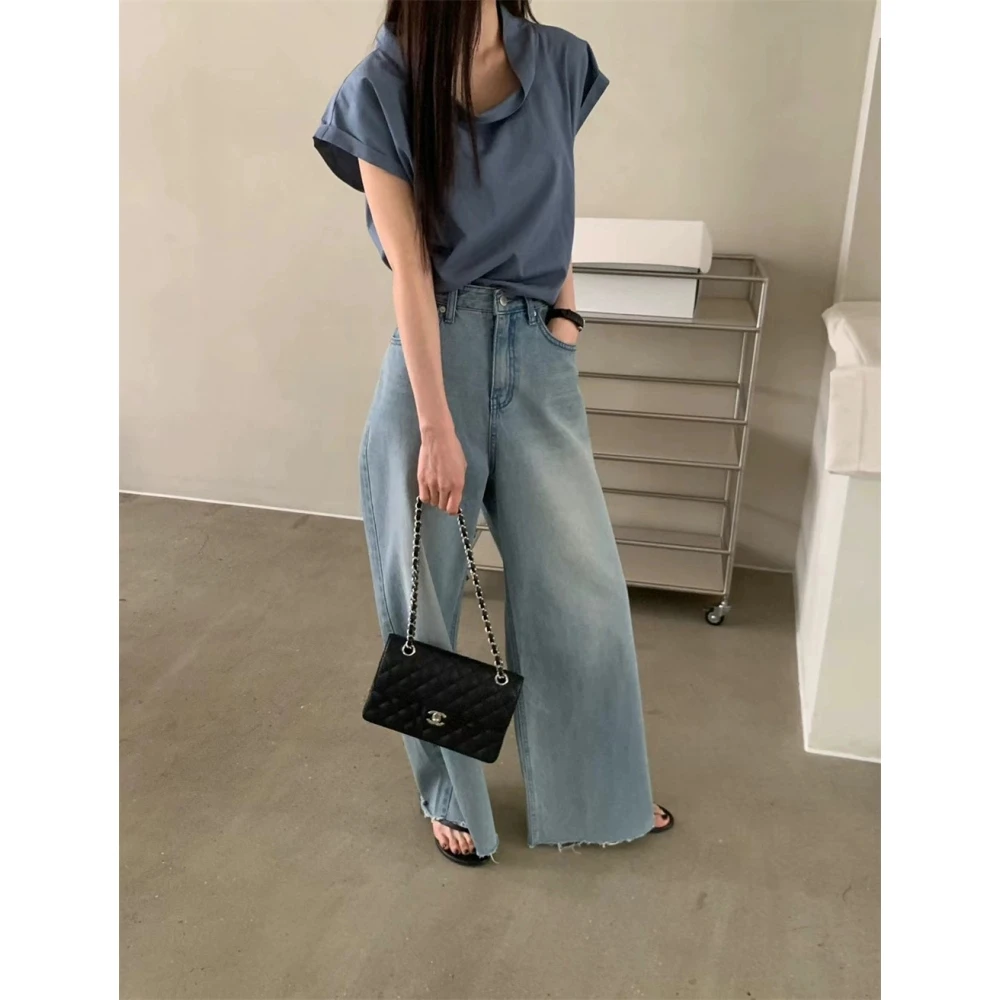 レトロな大胆な東大門25サマーウエディングストレートレッグカジュアルジーンズレディースルーズフィットロングパンツデニムブルーLウエスト