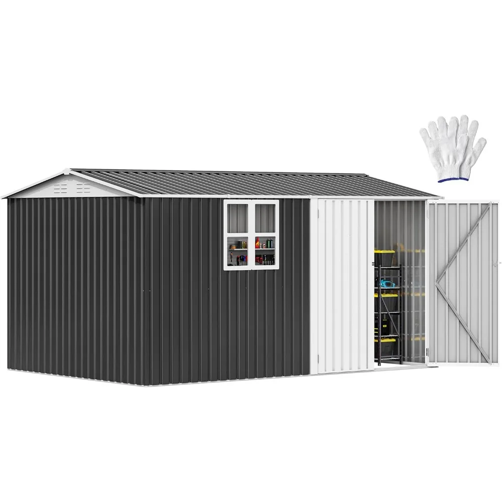 

8x12ft Large Tool Storage Shed with Window, Lockable Doors, and Sloped Roof, Oversized Steel Outdoor Storage Shed for Garden