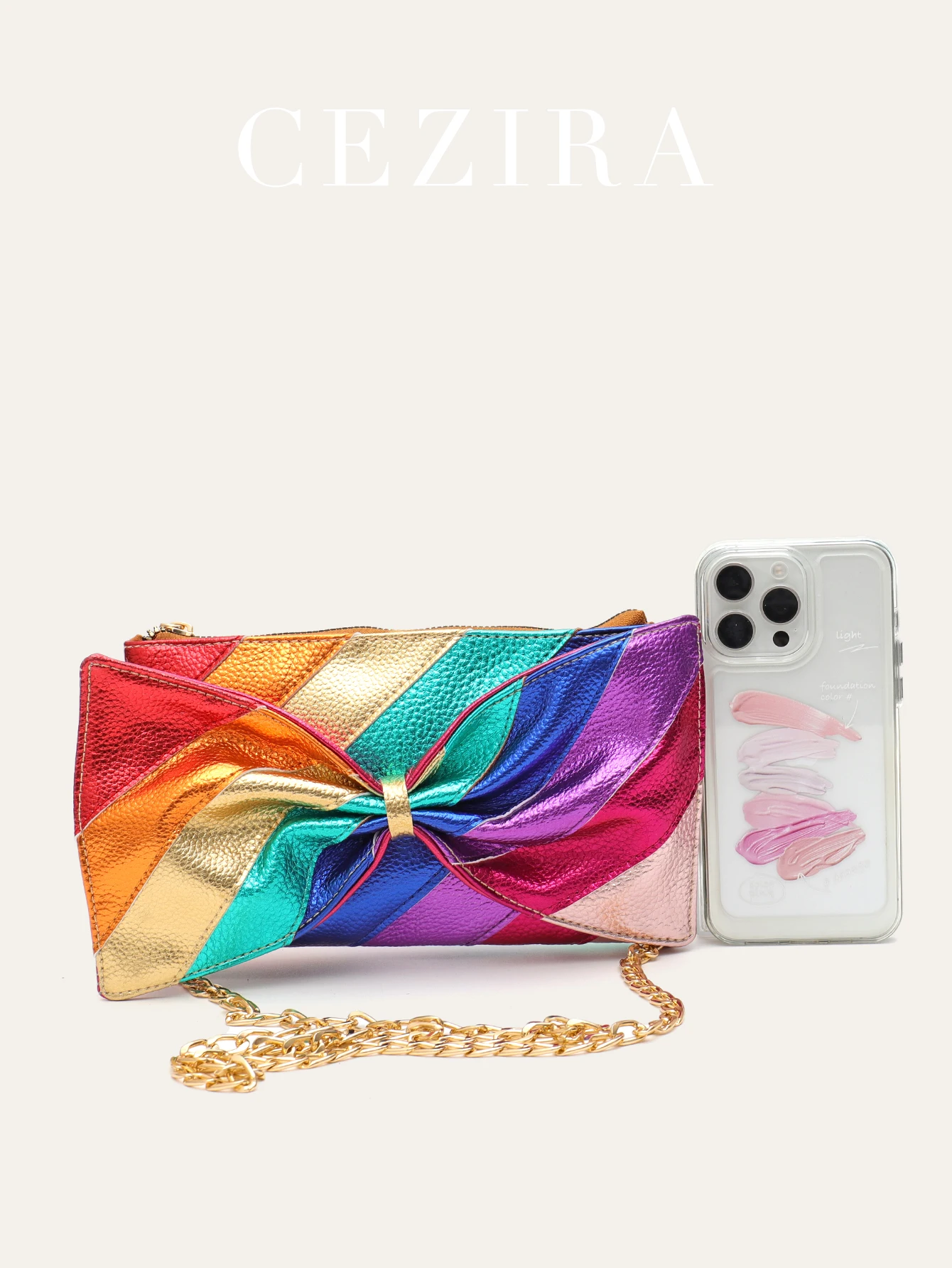Luxury Metallic Vegan Leather Handbag Colorful Stripes Patchwork Sweet PU Bow knot Clutch Metal Chain Crossbody Bag Funky Y2K