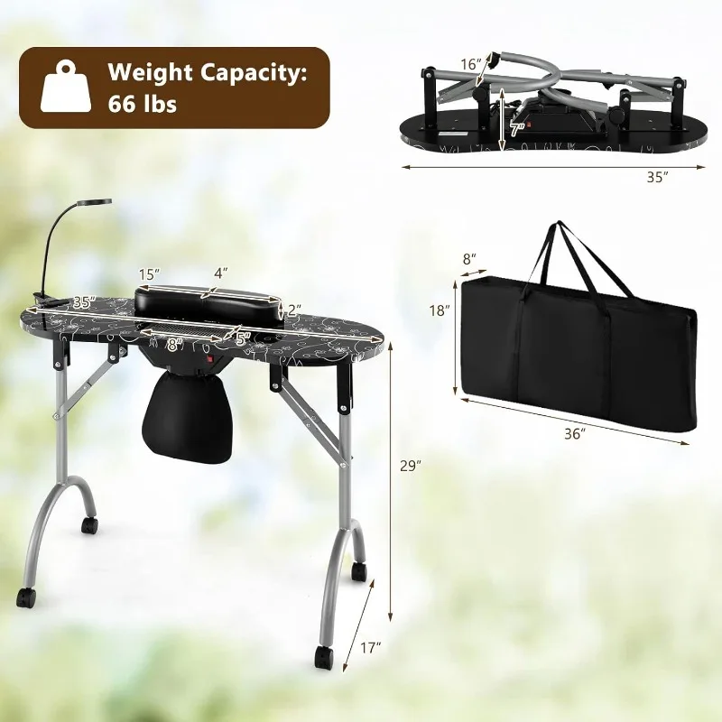 Dobrável Nail Desk para Nail Tech Candeeiro de mesa LED Coletor de pó elétrico, Carry Bag, 4 Lockable, W/Bendable, 35"