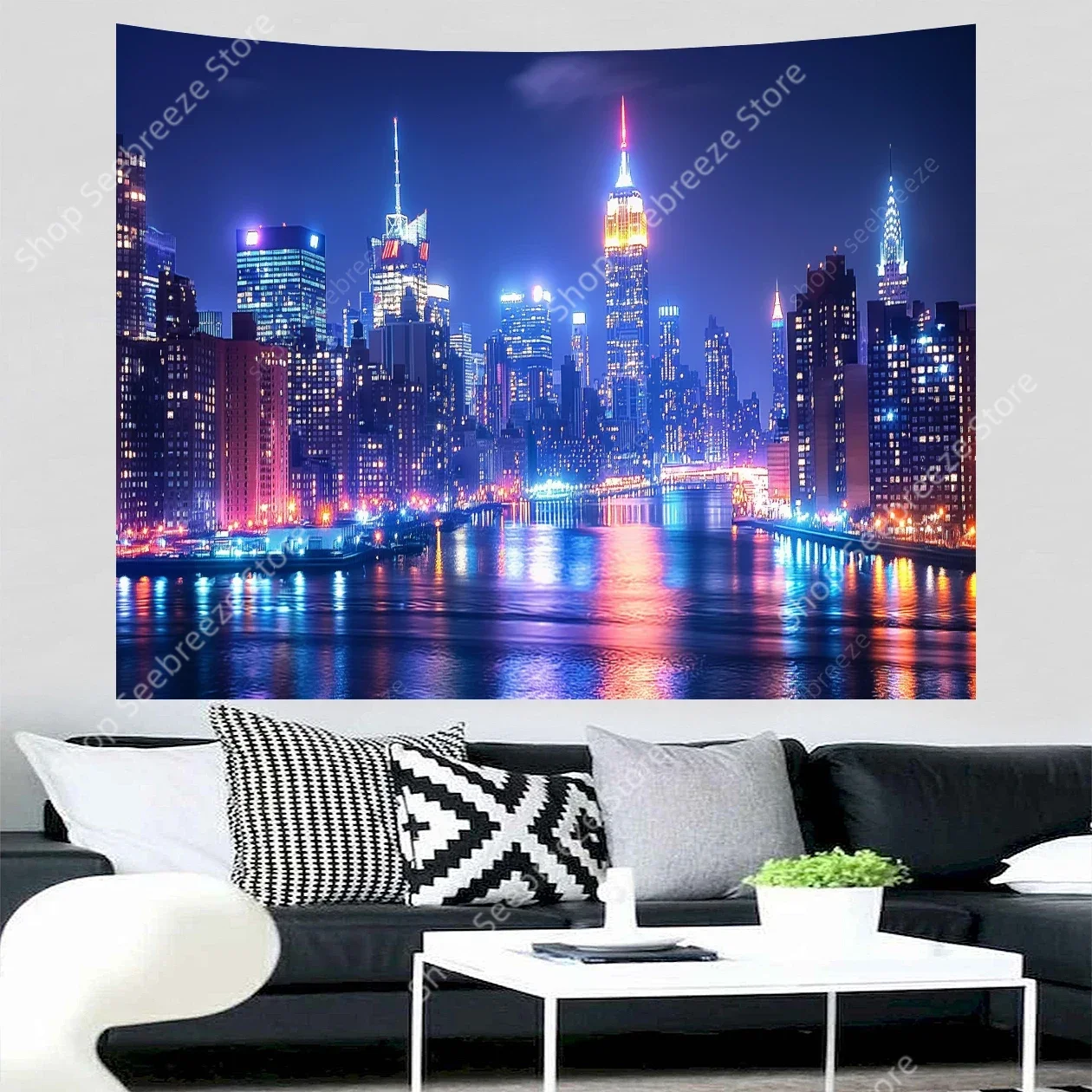 

Landscape Tapestry, View of Famous New York City Bay Harbour At Night and Skyscrapers Tapestry Dorm Living Room Bedroom Decor