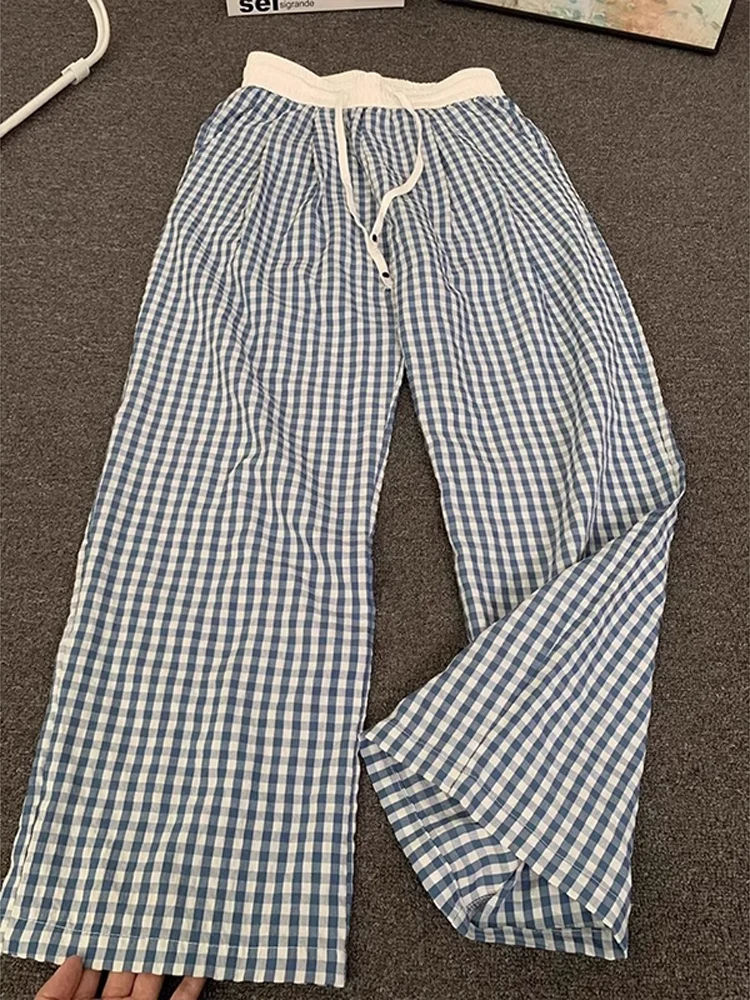 

Новые мужские тонкие дышащие брюки прямого кроя с высокой талией, синие в клетку, с контрастными вставками, для повседневной носки, модные, летние, для отдыха 2025