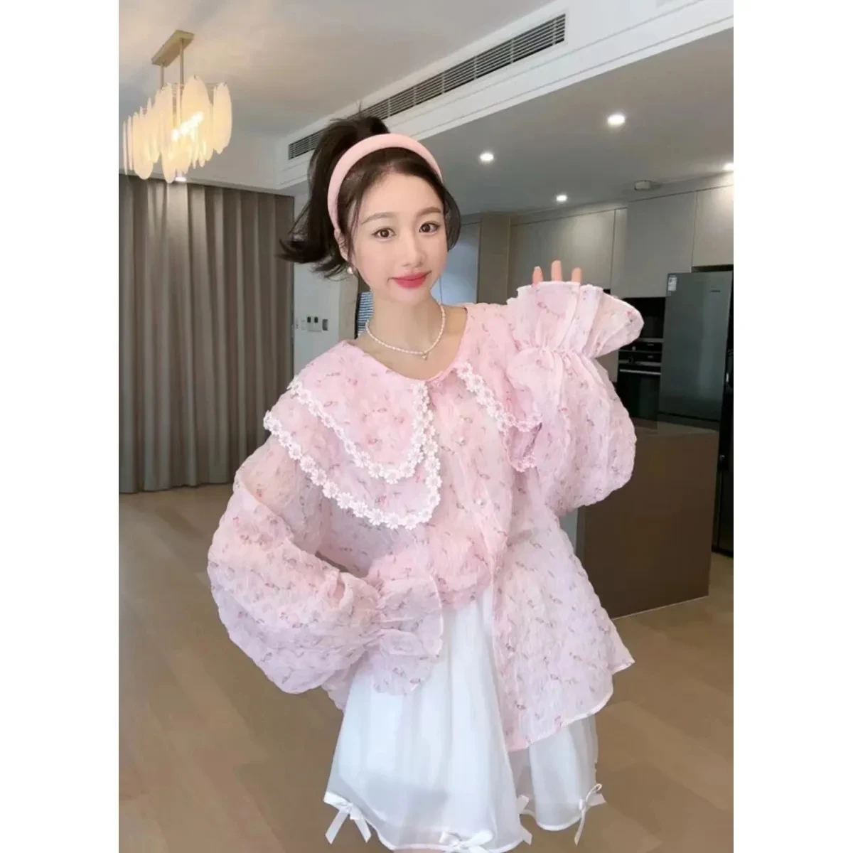 Chemises à col Double couche pour femmes, doux, Floral, manches longues, ample, haut pour dame, imprimé à la mode, chemisiers polyvalents, nouvelle collection 2025