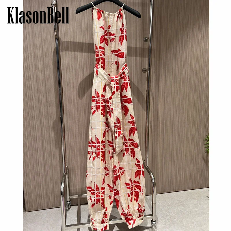 

7.14 KlasonBell Women Fashion Celebrity Same Red Leaf Print Sexy Lace-up Halter Jumpsuit Sashes Collect Waist Holiday Playsuit