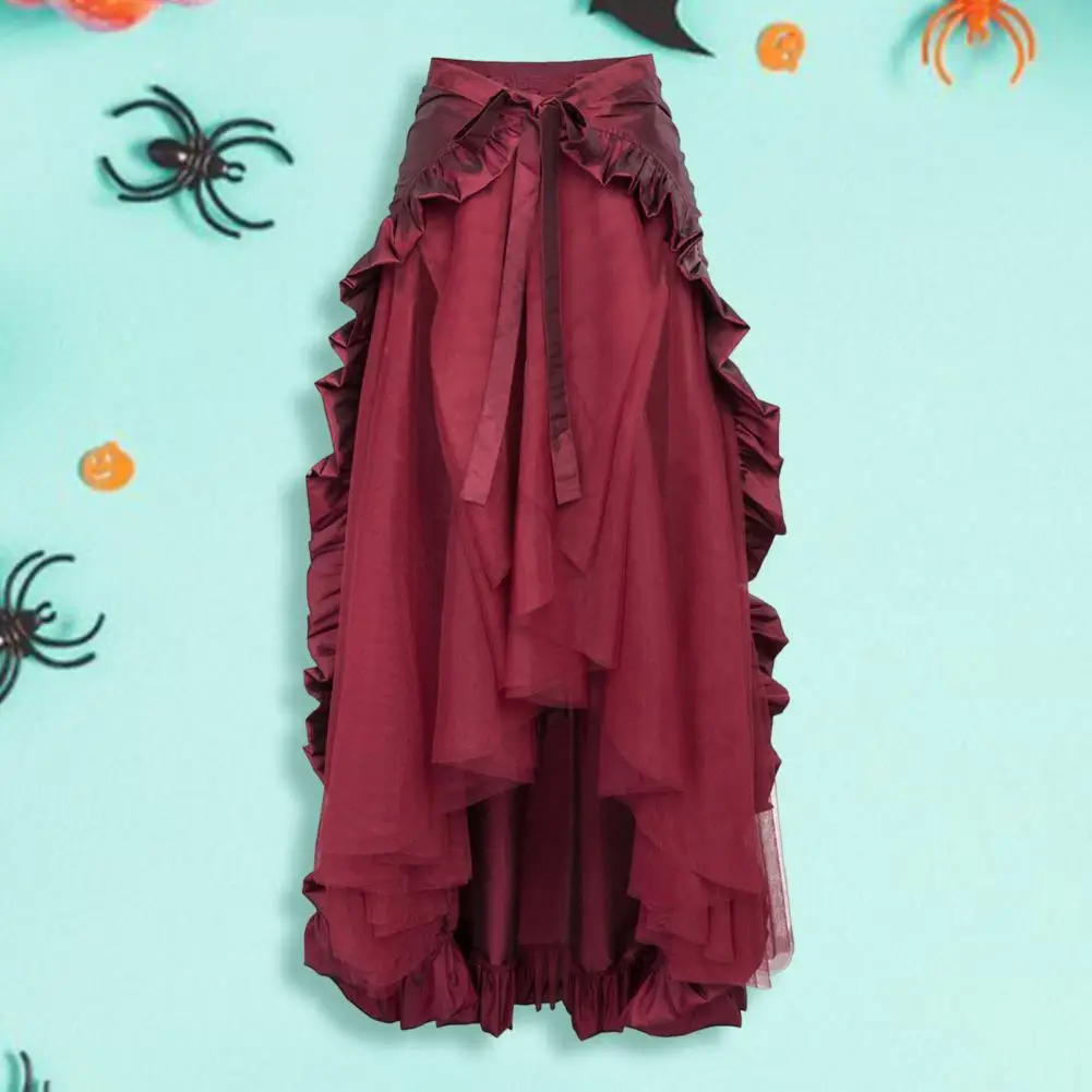 Vrouwen Retro Rok Halloween Cosplay Steampunk Gothic Wikkelrok Onregelmatige Ruche Zoom Lace-up Hoge Taille Mesh Dansen Maxi Rok
