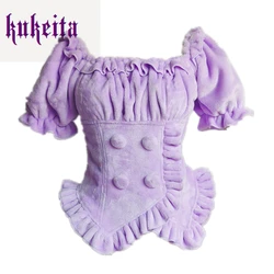 Kukeita Harajuku Gothic Lolita Shirt Japanese Y2k Sweet Bow Ruffles Blouse Solid Plush Warm Kawaii Tops Women Elegant Clothes