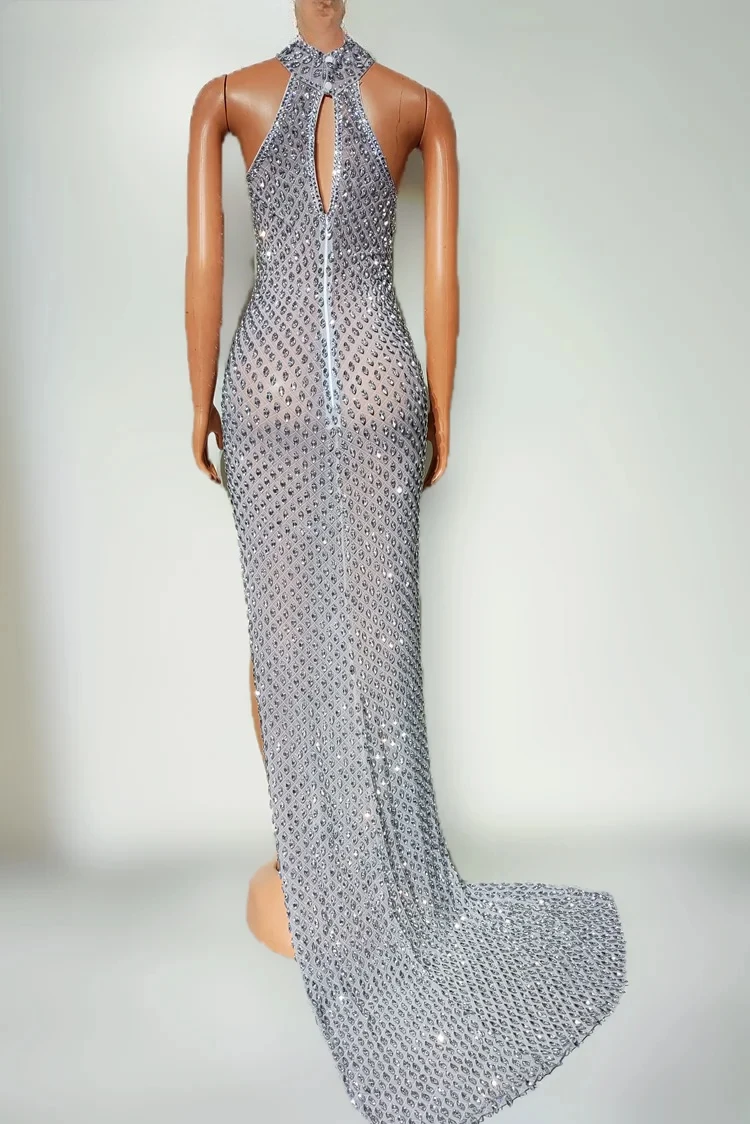 Nightclub Bar Performance Costume Low Cut Tight Fitting Sexy Deep V Full Diamond Side Slit Floor Length Skirt