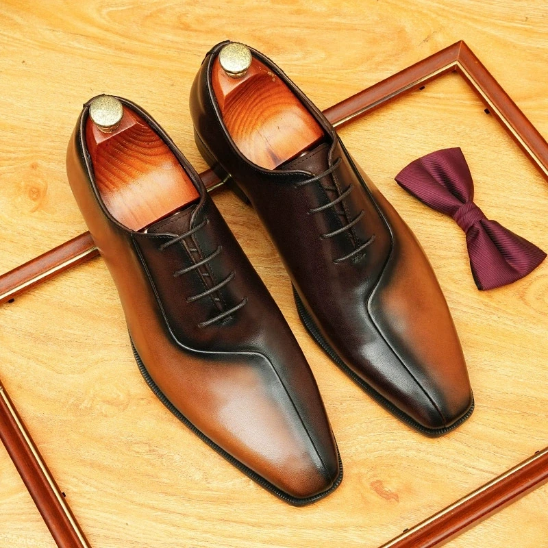 

Lace Up Leather Brogues Men's Genuine Leather Square Toe Formal Business Shoes Patchwork Event Charm Wedding Footwear Handmade