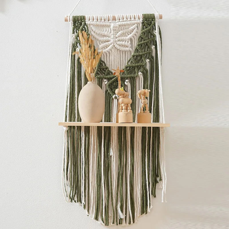 Bohemian Macrame Wall Hanging Wooden Shelf Cotton Tapestry Cord Butterfly Pattern Nordic Living Room Home Decor Storage Rack
