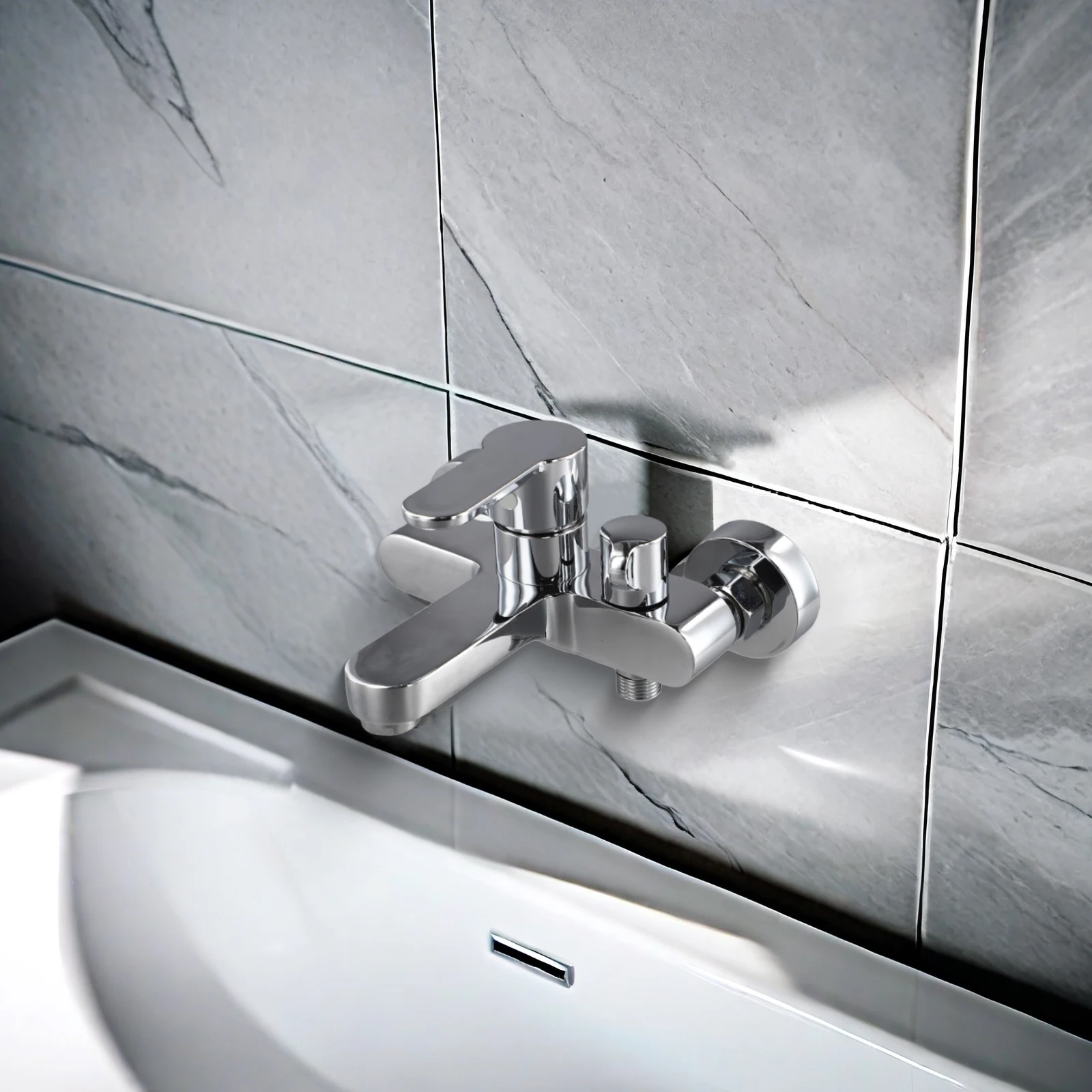 Bathtub Shower Mixer Faucet with Hot Cold Water Mixing Capability Brass Construction and Side Shower Spray Outlet