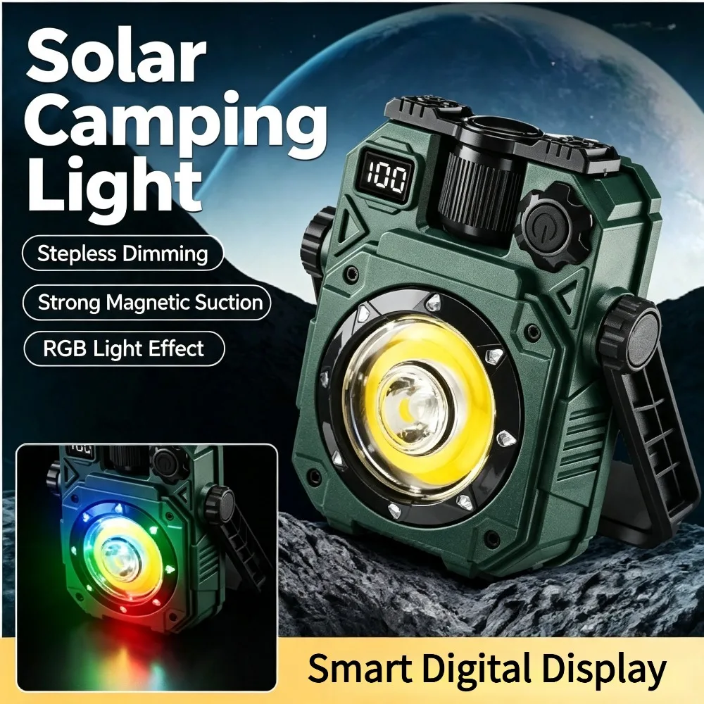 New LED Camping Lantern Solar Rechargeable RGB Color Changing Light Digital Power Display Work Torch for Outdoor Tent Lighting