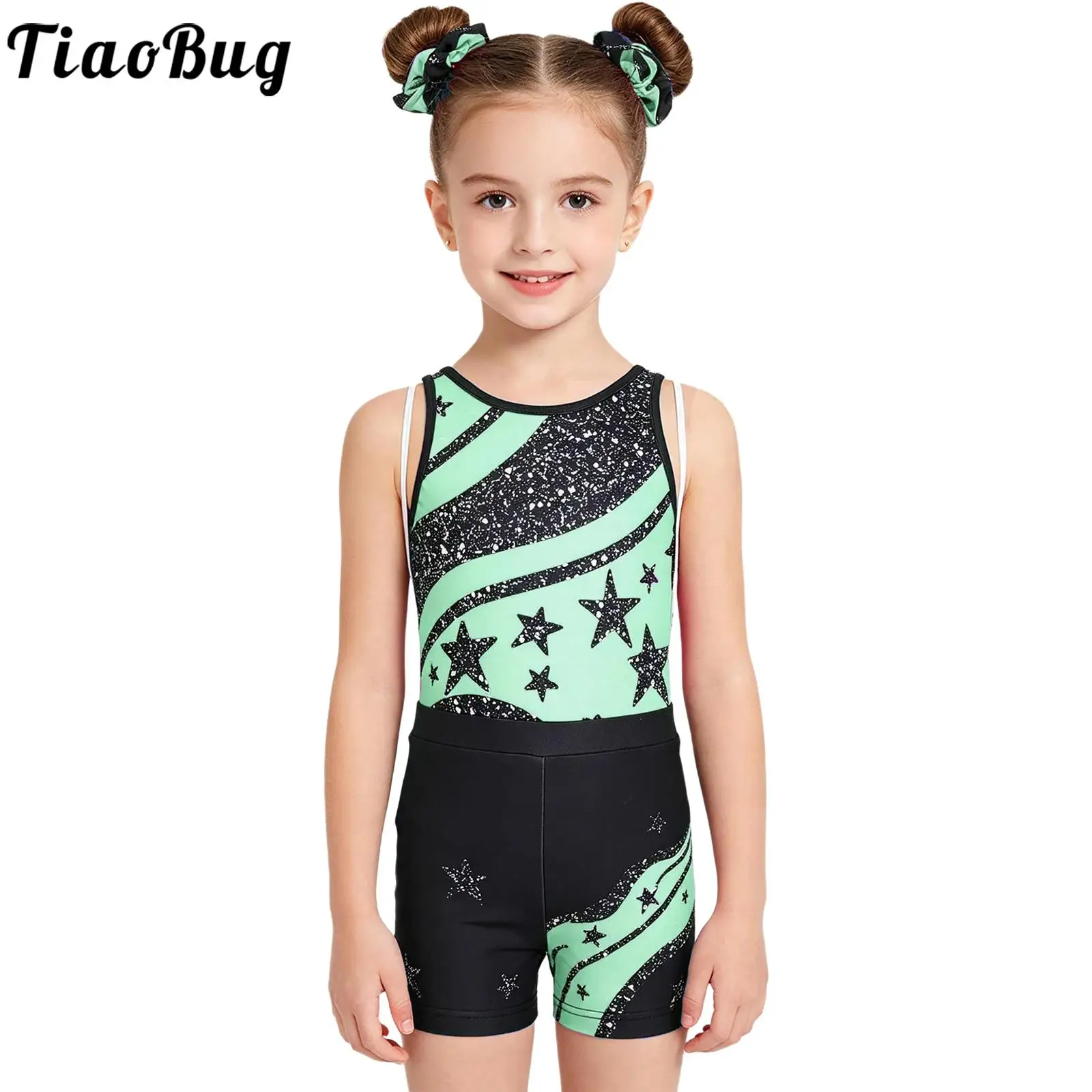 

Kids Girls Ballet Dance Gymnastics Leotard Figure Skating Acrobatic Costume Color Block Star Printed Bodysuit with Shorts Bag