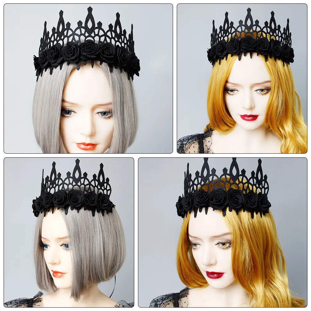 

Black Crown Halloween Floral Headband Adjustable Ribbon Tie Handmade Witch Hair Accessory Masquerade Party Cosplay Hair