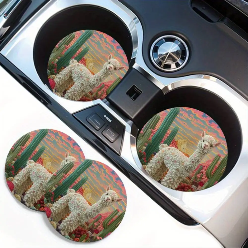 Desert Alpaca Pattern Absorbent Car Coasters 2pcs Universal Cup Holders With Anti-Slip Base Decorative Drink Mats