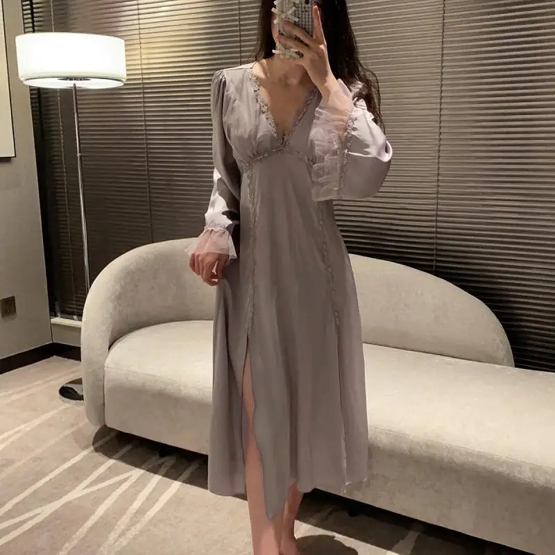 150Kg Large Size Women's Summer Thin French Lace Ice Silk Pajamas Spring and Autumn Fat Mm Nightgown Comfortable Breathable