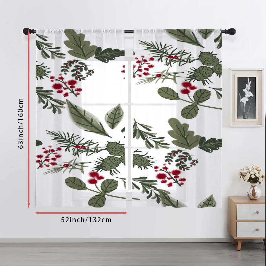 2PCS Sheer Curtains Christmas Pine Branch Berry Cone Oak Leaf Print, Window Voile Panels for Bedroom Living Room Holiday Decor