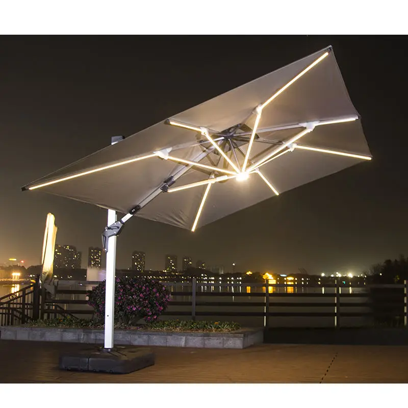 Large Tilting Cantilever Patio Umbrella Aluminum Frame Solar Panel LED Light Outdoor Sun Shade for Garden Courtyard