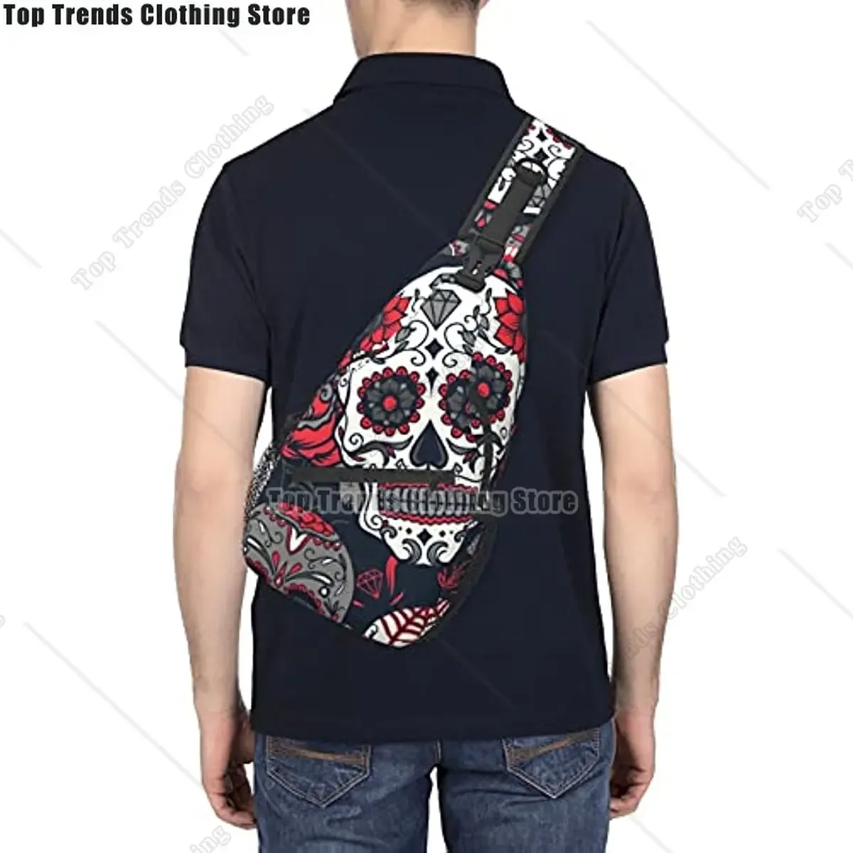 Day Dead カラフルなシュガースカルフローラルスリングバックパックチェストバッグ防水クロスボディショルダーバッグ、軽量ハイキングデイパック