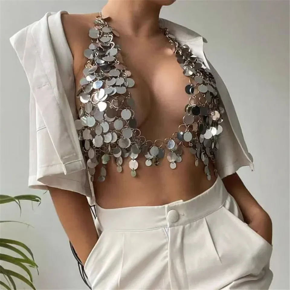 European & American Vintage Handmade Hoop Sequined Necklace Openwork Design Body Chain Music Festival Fashion Statement