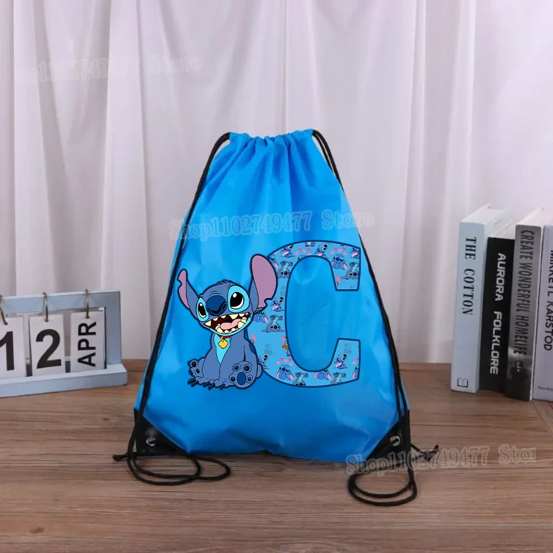 Letter Disney Stitch Cartoon Drawstring Bag Sport Waterproof Backpack Bundle Pocket for Men Women Student Shopping Storage Bags