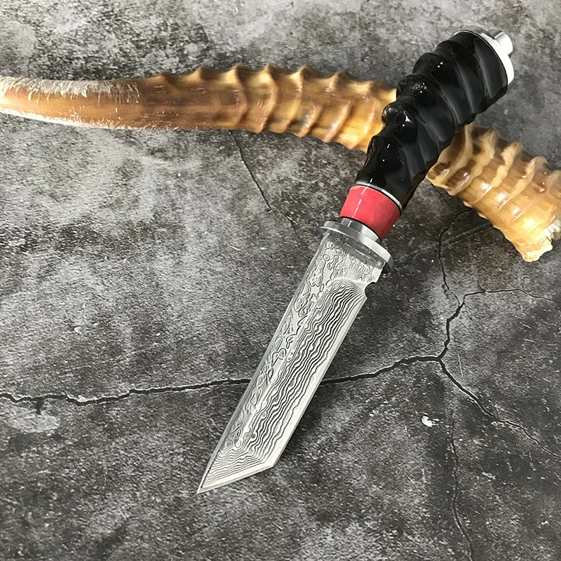 

Dropship Square Head Outdoor Survival Knives Damascus Steel Fixed Blade High Hardness Natural Horn Handle Hunting Knife