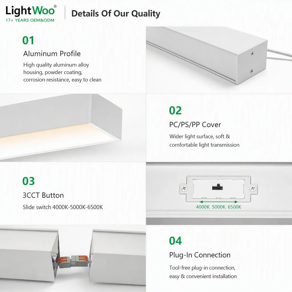 LED Linear Light Slim Aluminum Surface Hanging 3CCT Linkable Dimmable Commercial Lamp for Office Showroom Gym