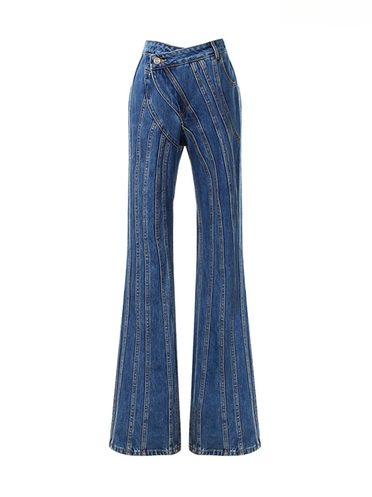 

Asymmetric Waist Slant Zip Multi-Line Partition Stitching Structure Tailored Jeans Long Pants Denim Fabric Natural Waist Zipp...