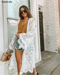 Gypsylady verão sol bordado malha cover-ups longline kimono branco túnica praia kaftan férias longo boho swimwears topos