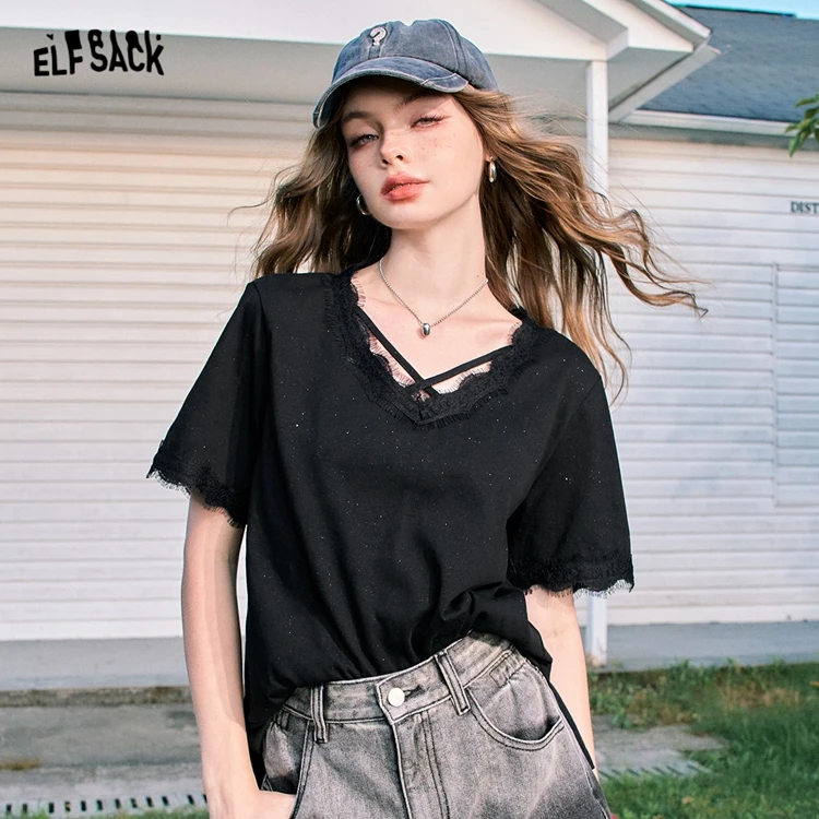 ELFSACK 2024 Summer New Arrivals Black lace splicing v-neck shiny solid color cool girl short-sleeved T-shirt for women