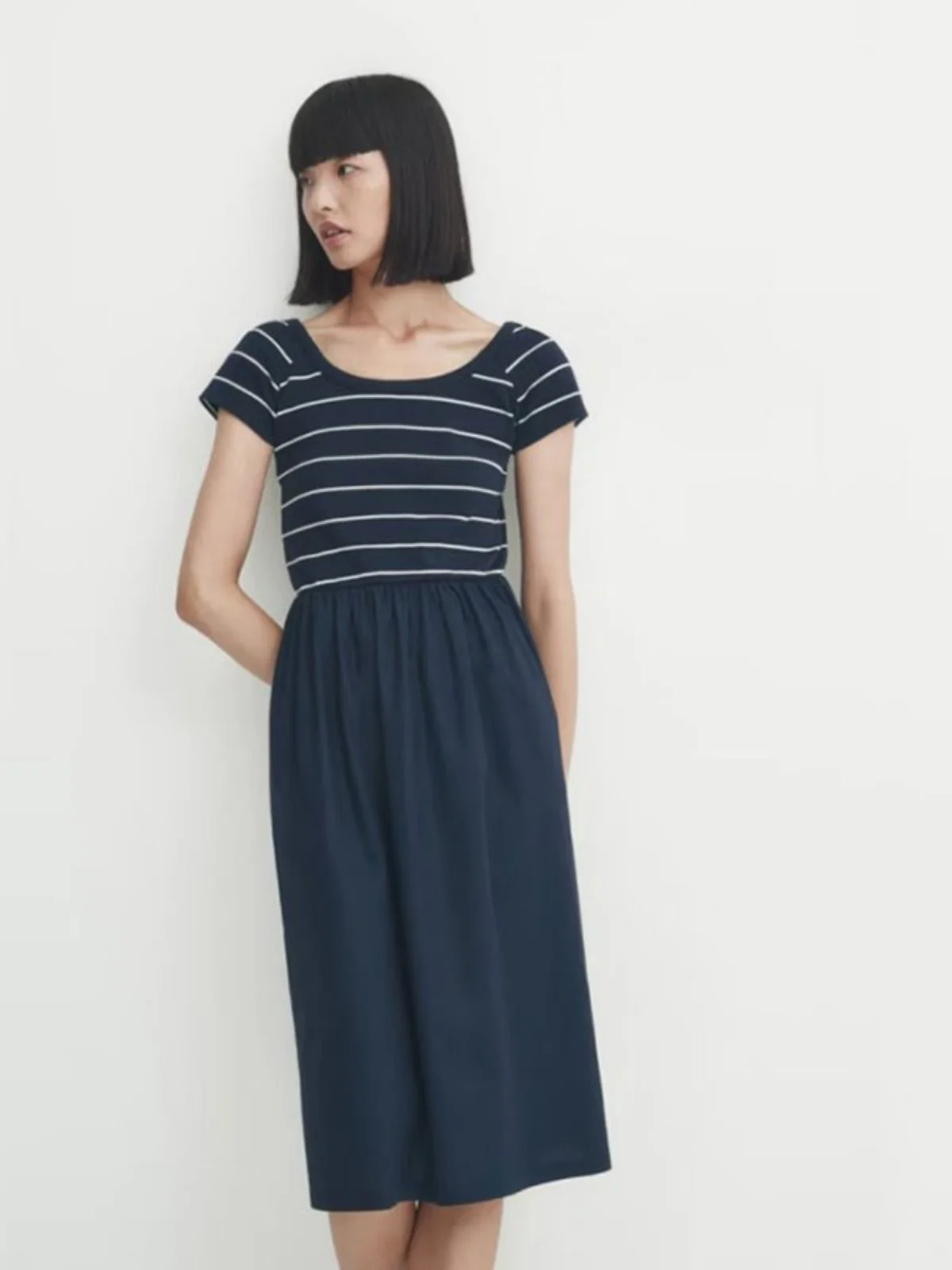 Rétro artistique rayé coton rond Ne ort Sve t-shirt Patchwork trajet Dr MD femmes Faion automne nouveauté