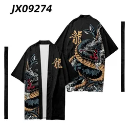 2022 Yukata Men Black Dragon Print Long Kimono Japanese Streetwear Fashion Costume Anime Haori Cosplay Clothes