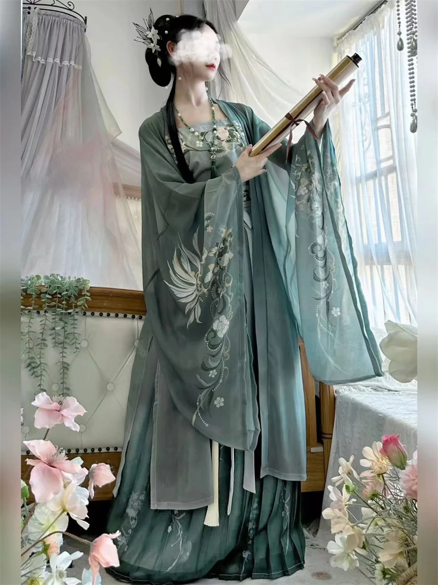 Nieuwe Hanfu Lange Jas & Riem & Rok Groen Nieuwe Chinese Stijl Hanfu Jurk Vrouwen Elegante Han Kleding Bloemenprint Kostuums