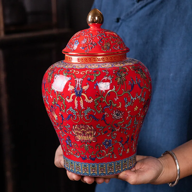 Modern Red Painted Flower Ceramic Storage Jars Large Capacity Sealed Tea Tins Gilded Porcelain Crafts Candy Jars Home Decoration