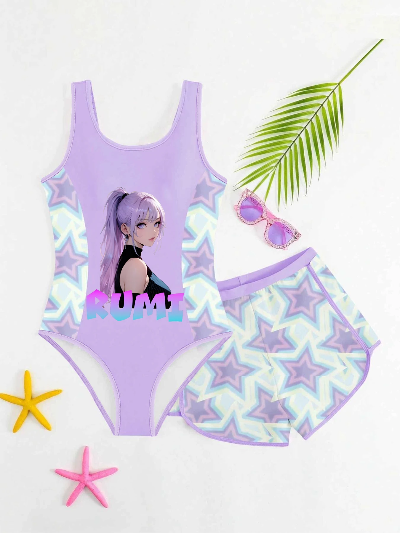 Girls' Anime RUMI Character Split Swimsuit, Summer Purple Gradient Cartoon Two-Piece Set, Sweet & Cool Vacation Swimwear for Kid