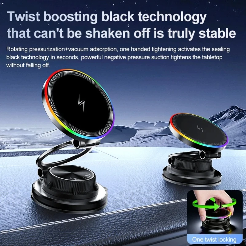 

15W Magnetic Wireless Car Phone Holder with RGB Ambient Light 360° Swivel Vacuum Adsorption Dashboard Stand For iPhone 12-17 Pro
