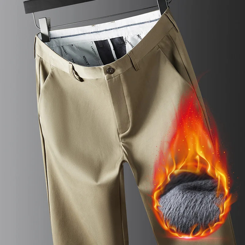 

Warm Fleece Suit Pants Men Clothing Straight Regular Black Thick Winter Trousers for Men Business Formal Dress Casual Pants