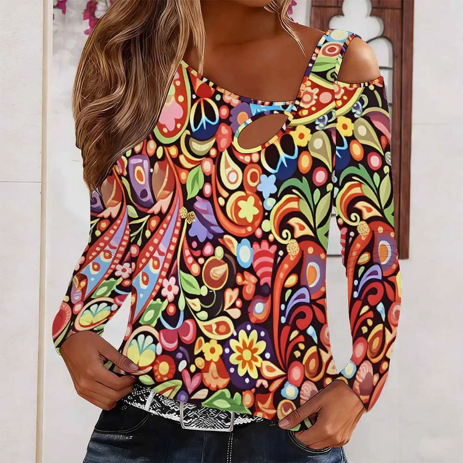 Elegant Directional Slanted Shoulder Long-Sleeved Off-Shoulder Fashion Elegant Women's Printed Top Everyday Fashion T-Shirt