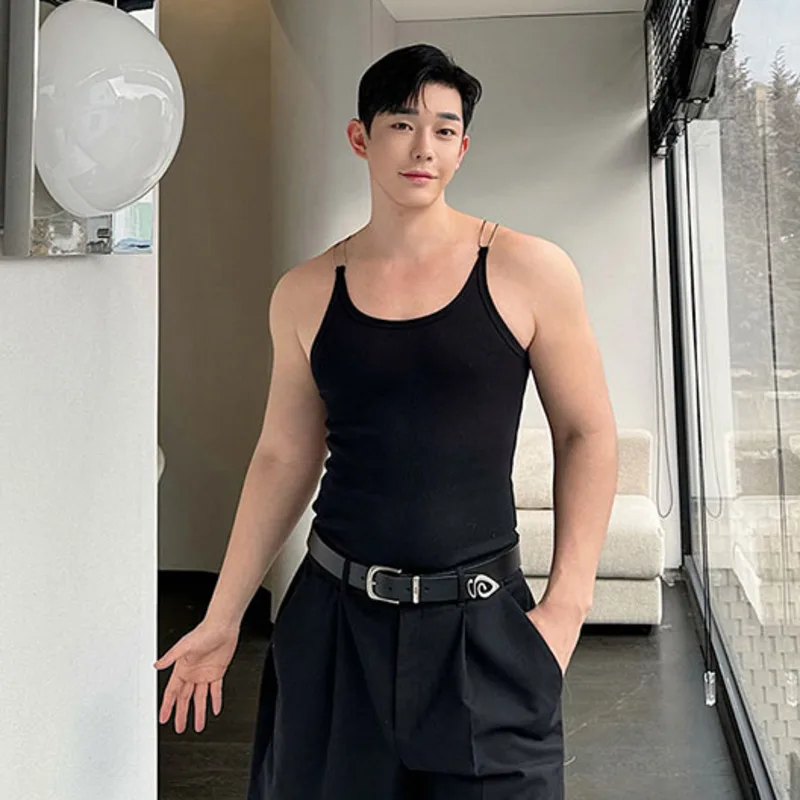 

2024 Summer New Men's Metal Shoulder Straps Tank Top Simple Sleeveless Korean Style Trendy Solid Color Loose Versatile