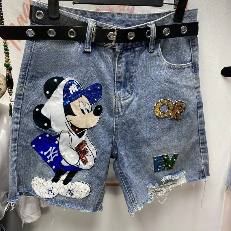 Dames zomer Europese stijl zware Mickey patch kralen noodlijdende denim shorts losse rechte pijpen knielange broek