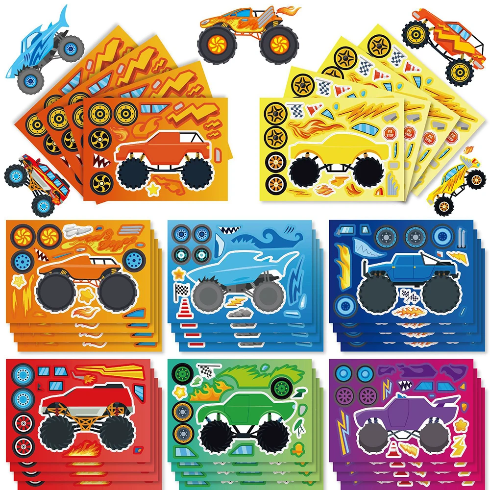 8/16Sheets DIY Engineering Monster Truck Kids Puzzle Stickers Toys Funny Assemble Jigsaw Children Educational Toys Party Games