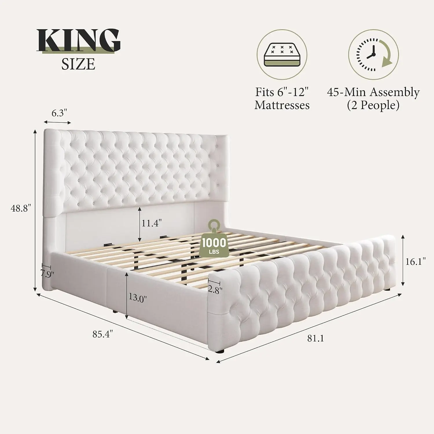 Upholstered King Bed Frame With Wingback Headboard In White Linen, Customized
