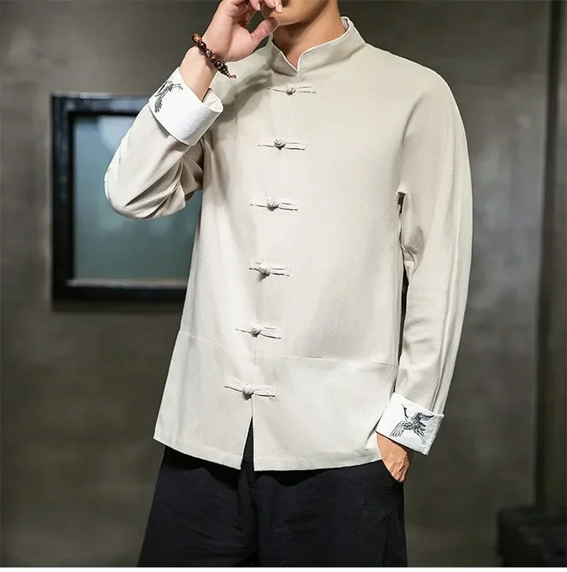 Men Chinese Hanfu Shirts Men\'s Top Tang Suit Solid Color Traditional Kung Fu Shirt Men\'s Cotton Kimono Shirt