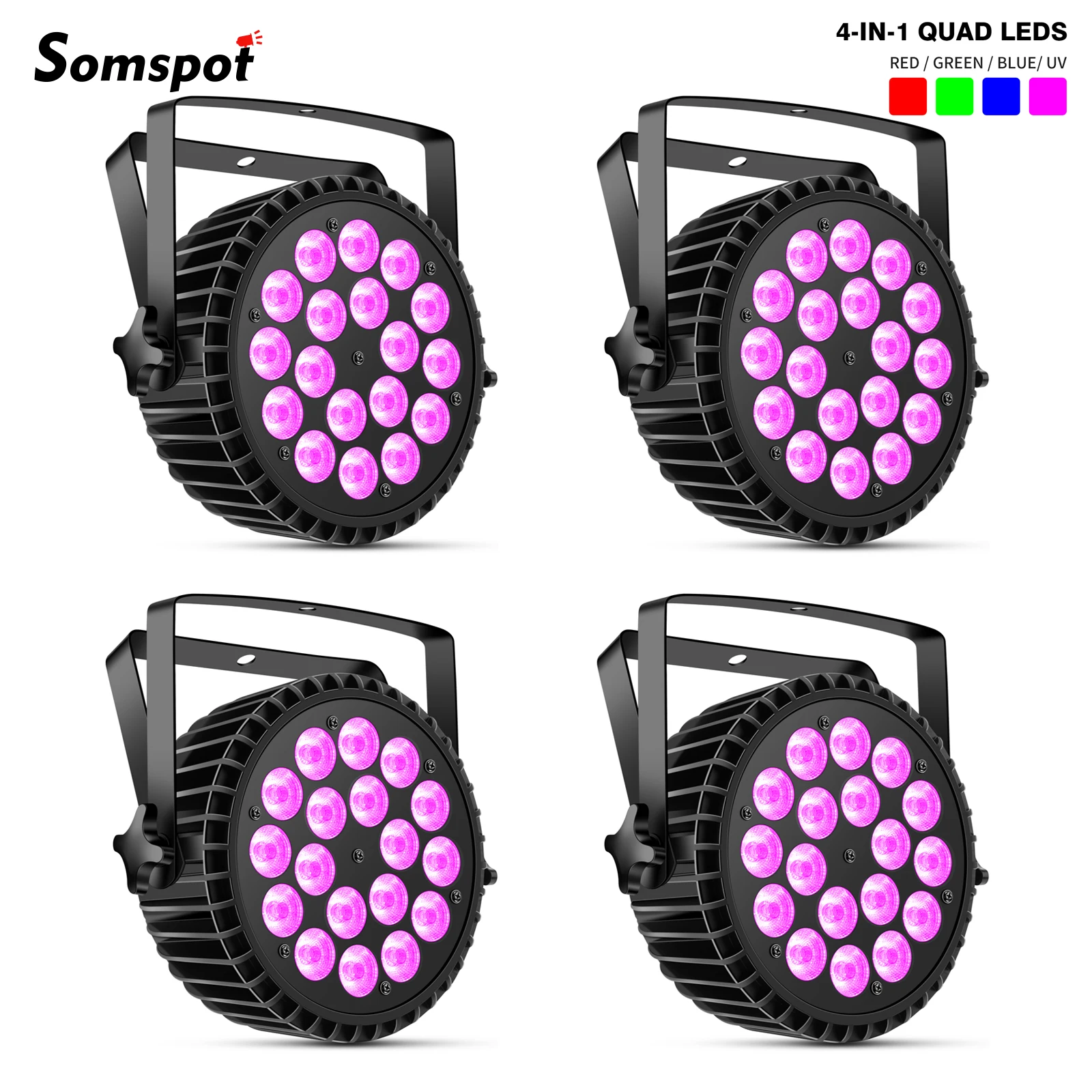 

Somspot 4PCS LED RGB+UV Par Lights High Brightness Stage Lighting Effect Sound Control DJ Disco Lights for Party Wedding Club