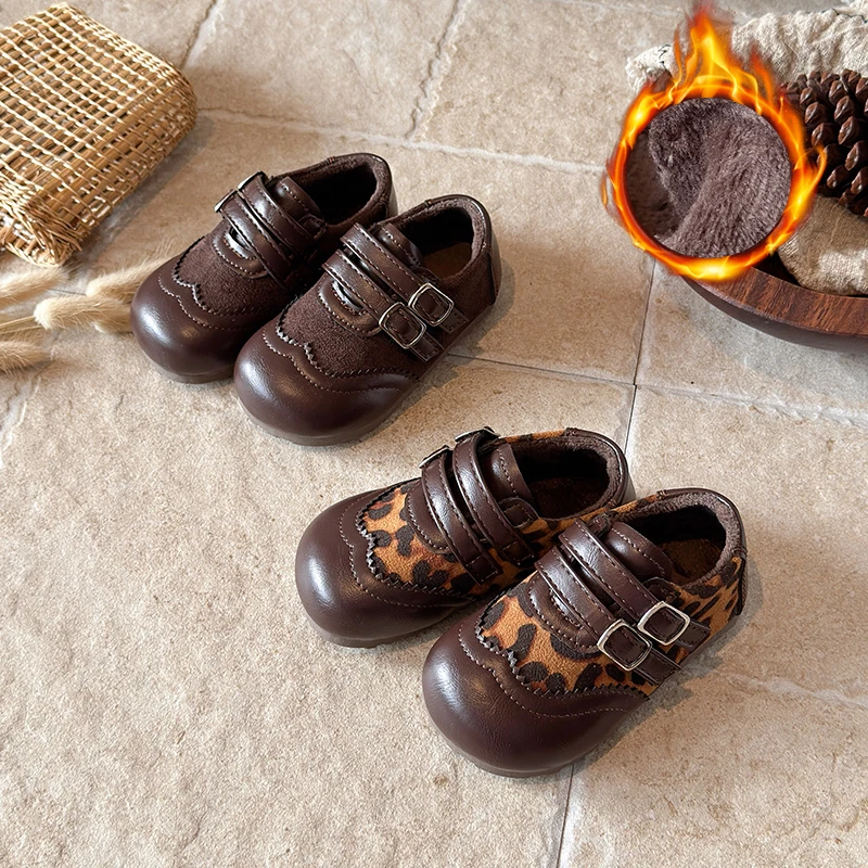 New 2026 Winter Girls Shoes Warm Fur PU Leather Kids Shoes for Girl Loafers Flat Moccasins Girls Casual Shoes Size 21-30