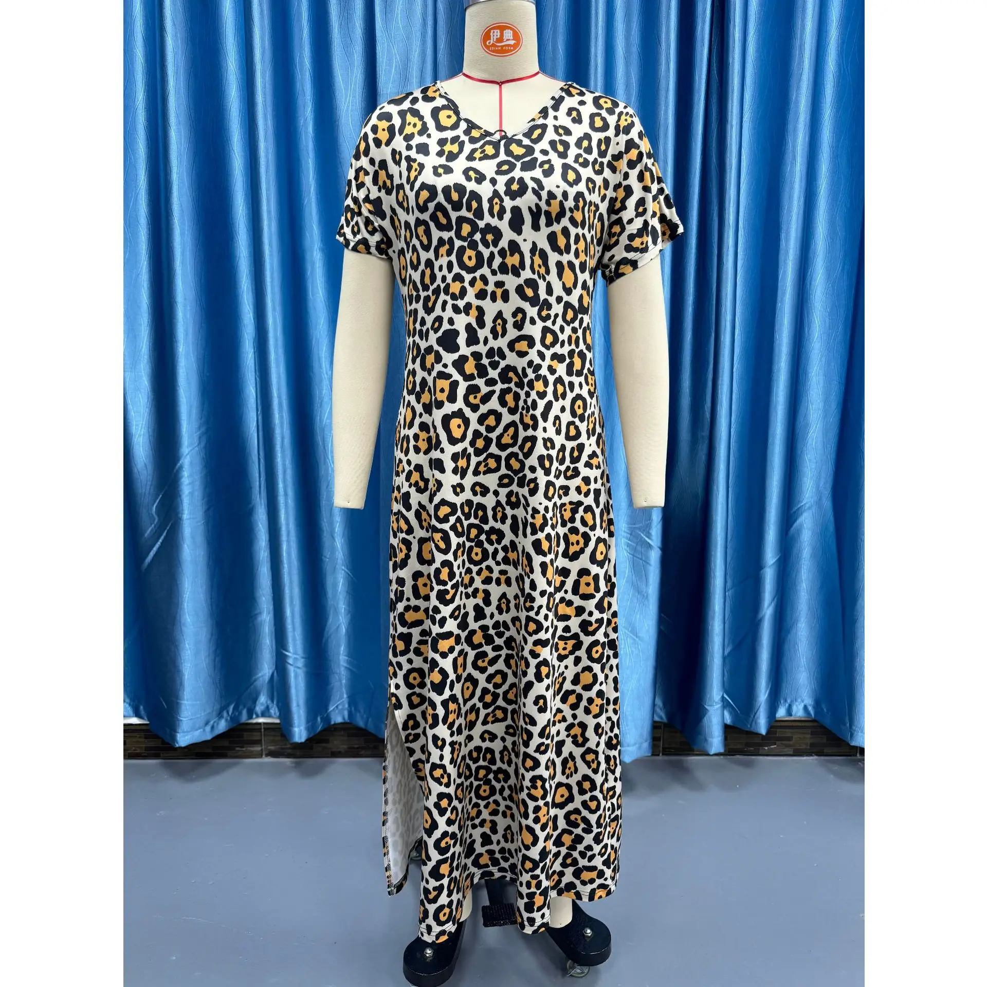 Women\'s Leopard Print Dress Casual Loose Long Skirt Print V-Neck Short Sleeve Dress