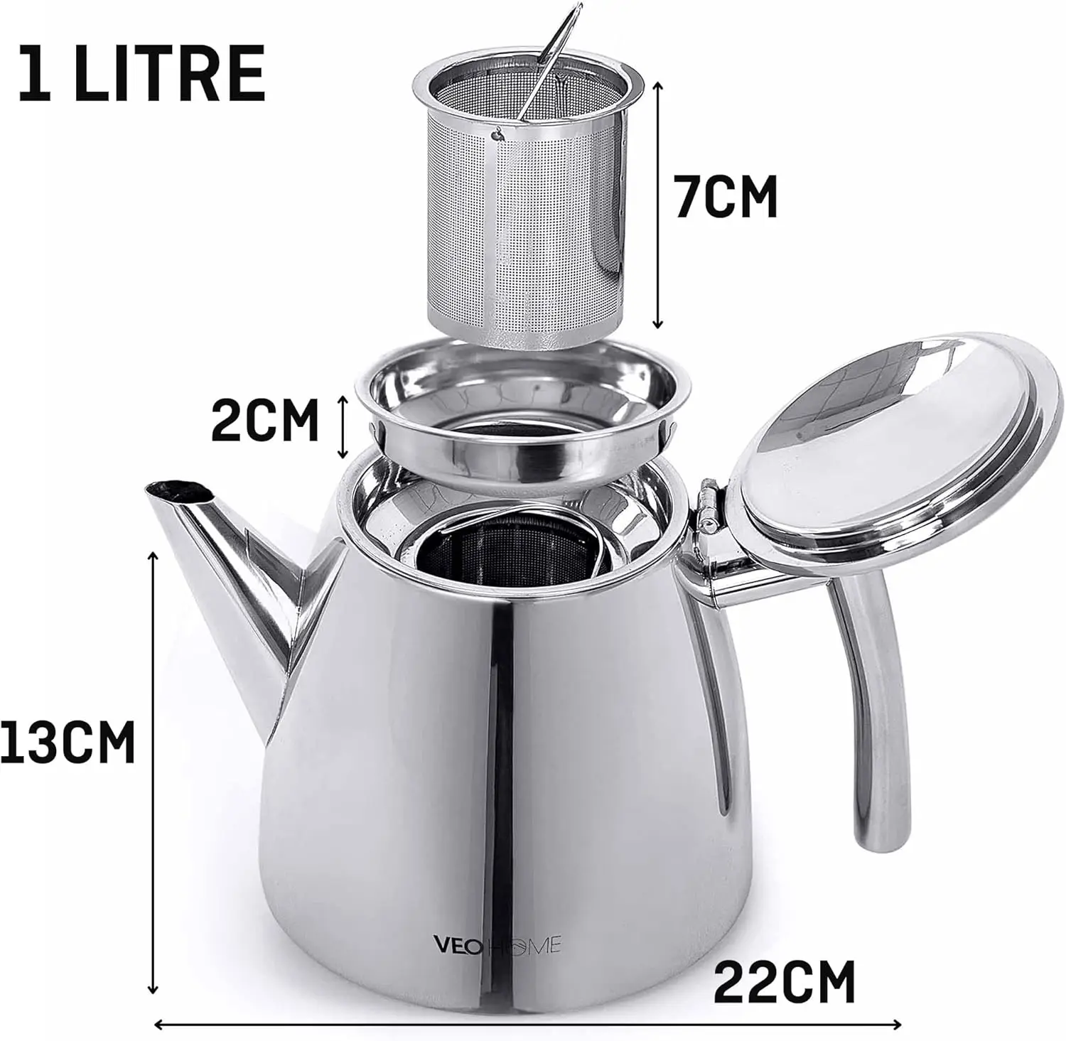 وعاء شاي من الفولاذ المقاوم للصدأ مع مصفاة، جدار مزدوج يحافظ على الحرارة، فضي 1 لتر (34 أونصة)